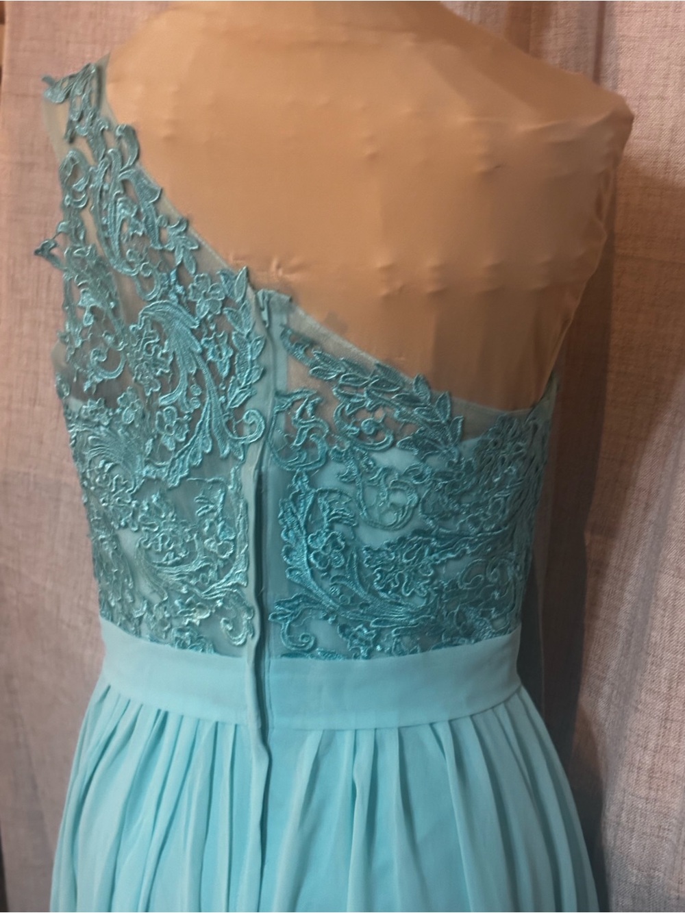 One-Shoulder Lace Bodice Chiffon Maxi Dress - Aqua Blue - Picture 4 of 9